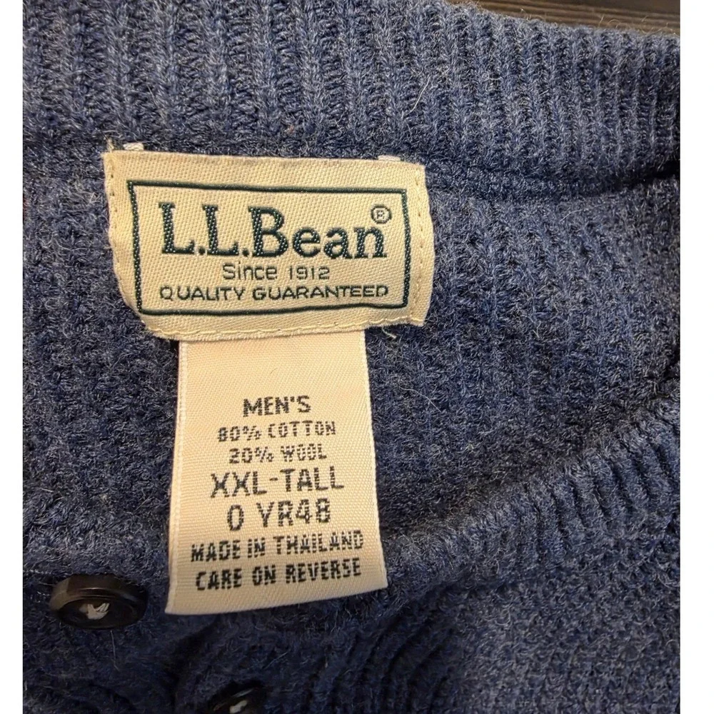 LL Bean Henley Sweater XXL Tall Pullover Chunky Blue Cotton/Wool Grandpa‎